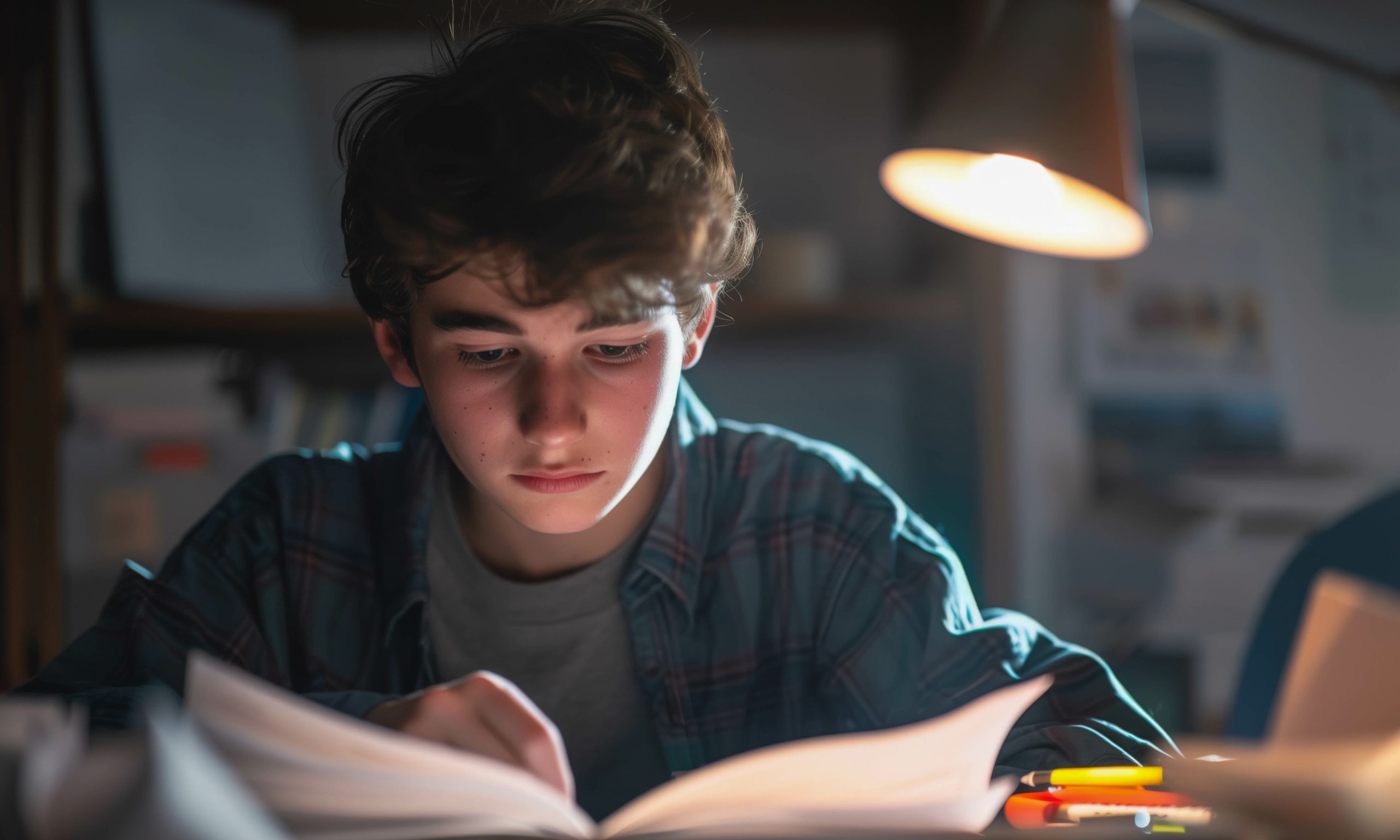 boy reading a book under a lamp